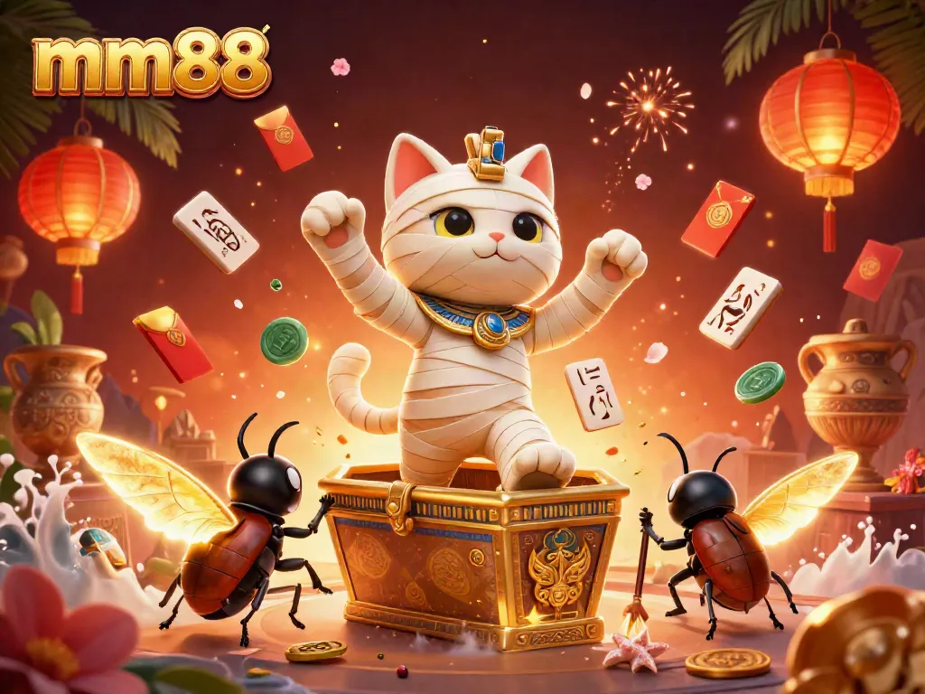 Experience the excitement of mm88 as the mummy cat bursts from a golden sarcophagus in a vibrant casino.