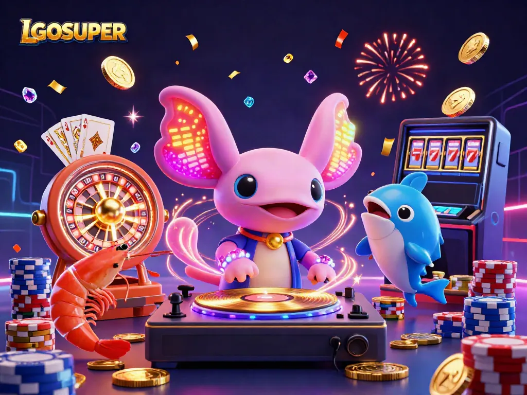 Experience vibrant gaming energy with LGOSUPER's 3D cartoon casino scene featuring lively characters and exciting game elements.