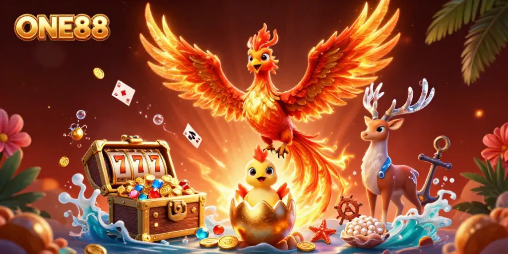 Experience the thrill of ONE88 with vibrant gaming elements and mythical characters in a richly detailed scene.