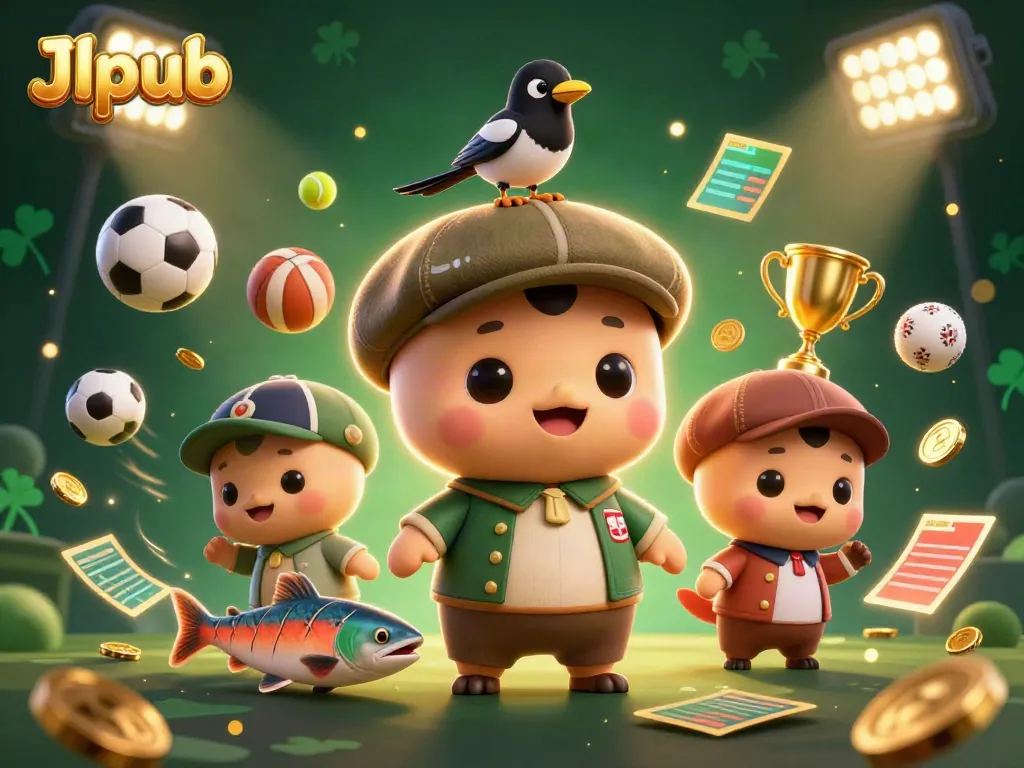 Experience the excitement of Jlpub with a playful 3D scene of Nessie, magpie, and salmon amid dynamic sports elements.