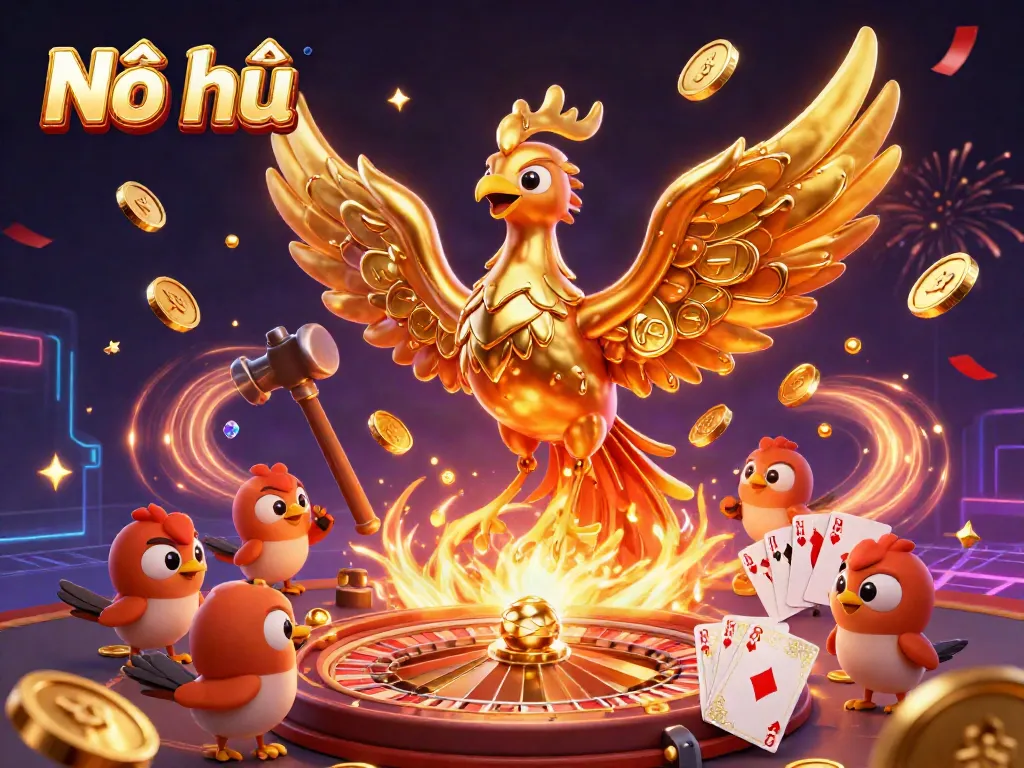 Nổ hũ ignites excitement with a golden phoenix and vibrant casino elements.