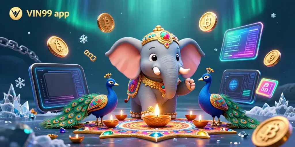 Experience the excitement of the VIN99 app with a vibrant 3D scene showcasing colorful characters and crypto elements.