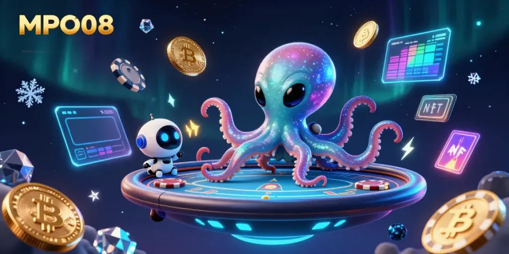 MPO08 showcases a vibrant alien octopus holographically playing poker amidst glowing cryptocurrencies.