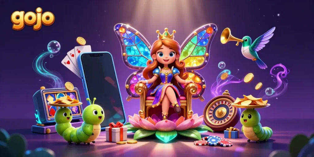 Experience a vibrant casino atmosphere with Gojo, featuring a butterfly queen and gaming elements.