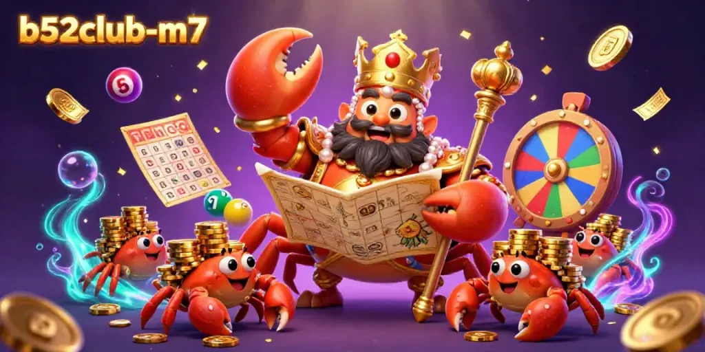 Engage with b52club-m7's vibrant casino scene featuring a golden crab emperor amidst dynamic lottery elements.