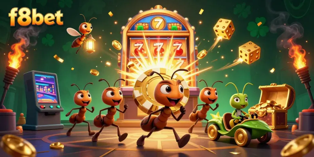 Join the excitement at f8bet as cartoon ants steal a giant poker chip amid a vibrant casino scene.