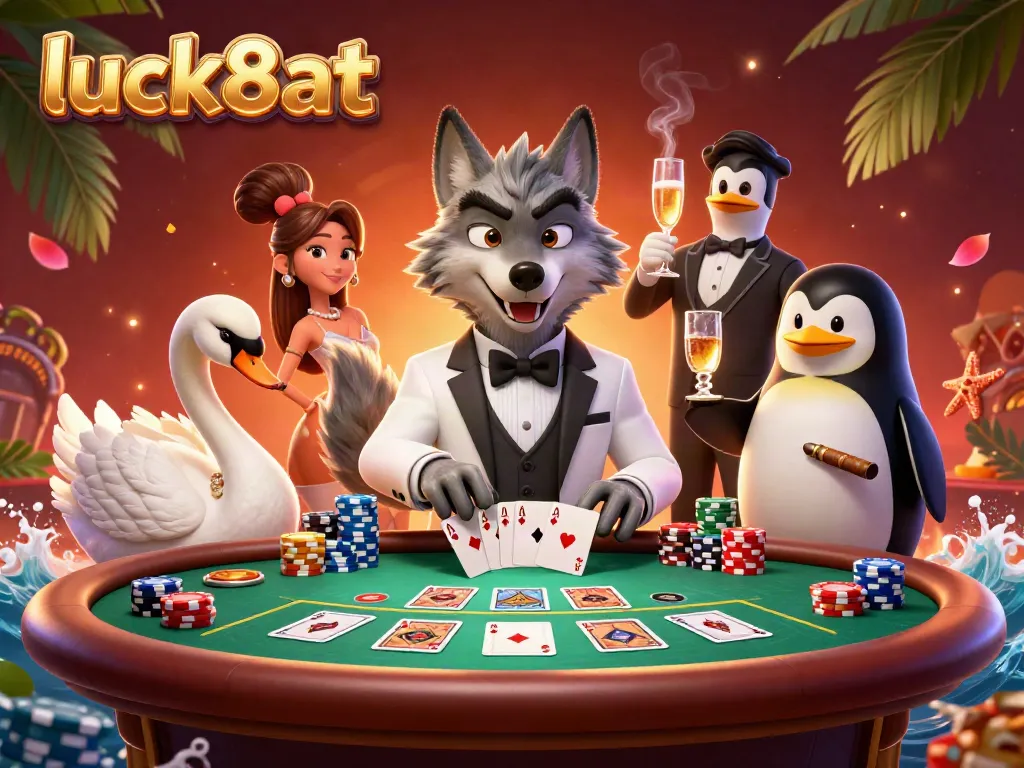 Engage in exciting casino games at luck8at with a vibrant scene featuring dynamic 3D characters.