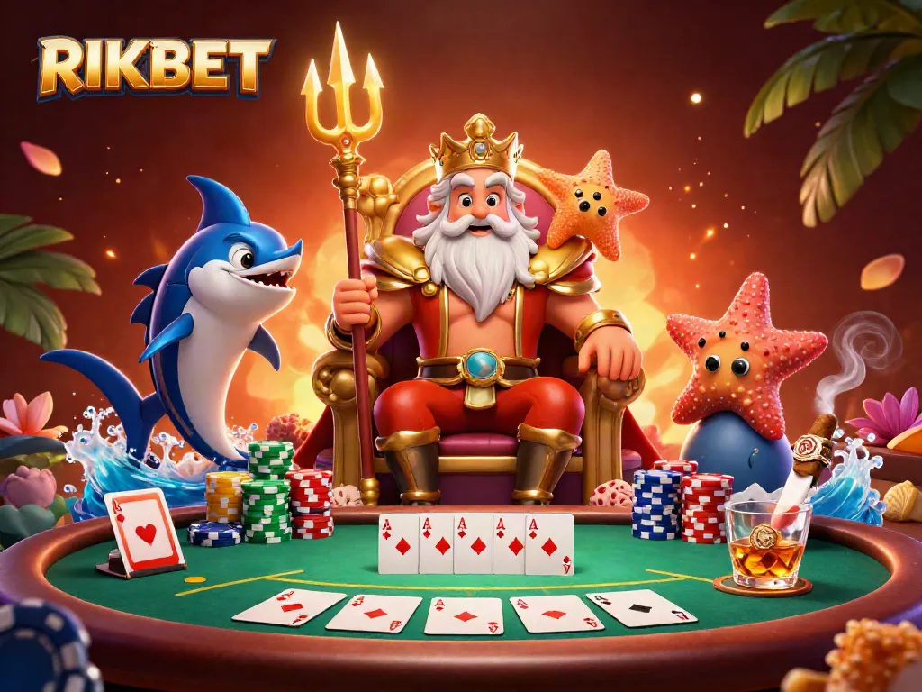 Spin thrilling slots at RIKBET with Neptune, poker chips, and vibrant gaming elements!