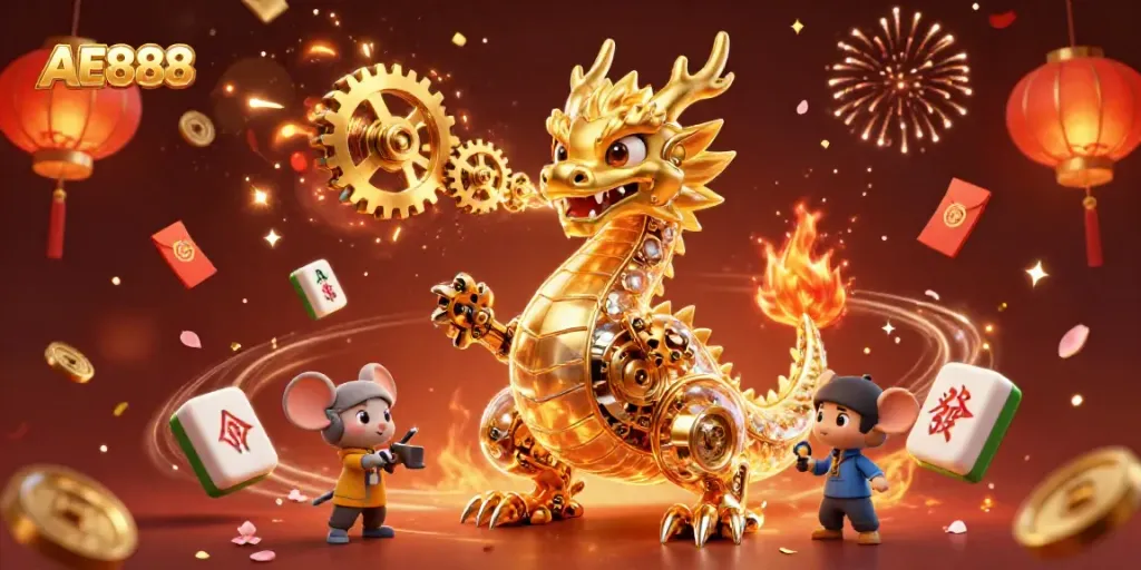 Experience the excitement of AE888 with a vibrant casino-themed illustration featuring a golden dragon and festive decorations.