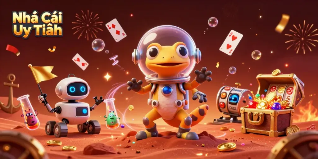 Engaging scene of a Martian gecko discovering a golden casino, representing Nhà Cái Uy Tín's vibrant gaming options.