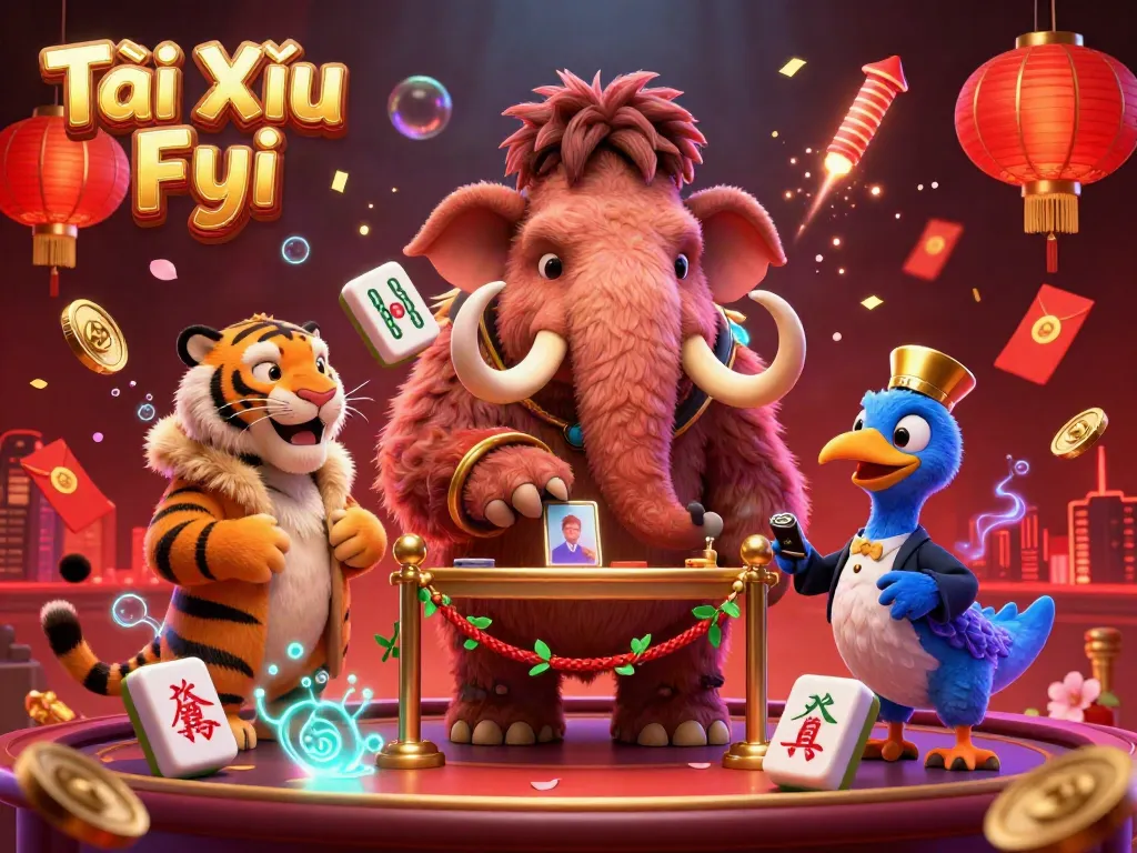 Engage with the vibrant atmosphere of Tài Xỉu Fyi featuring a woolly mammoth bouncer, VIP saber-tooth tiger, and dodo doorman amidst exciting casino elements.