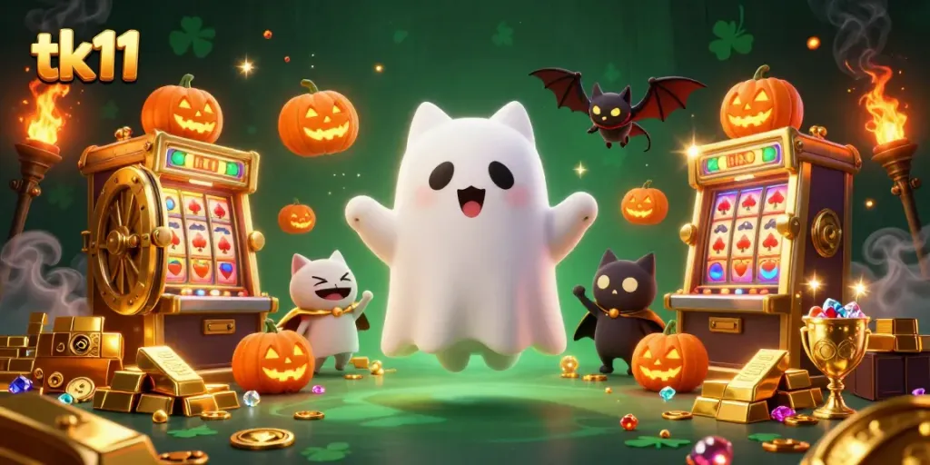 Experience the thrill of tk11 in this vibrant haunted casino scene with engaging game elements.