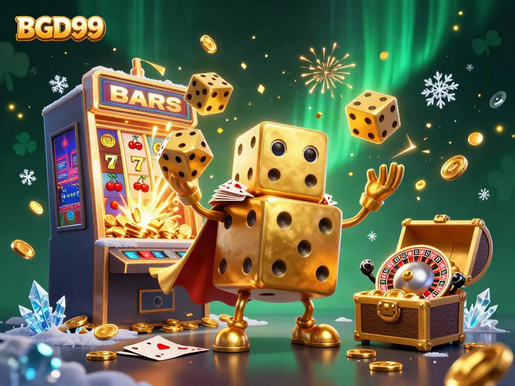 Engage in thrilling gaming experiences with BGD99's vibrant 3D casino scene featuring golden dice and a jackpot explosion.