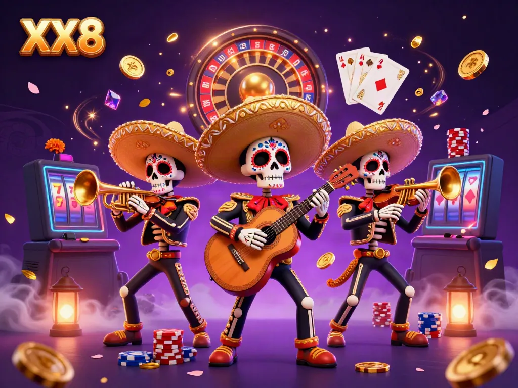 Experience the thrill of XX8 with vibrant mariachi skeletons celebrating casino excitement.