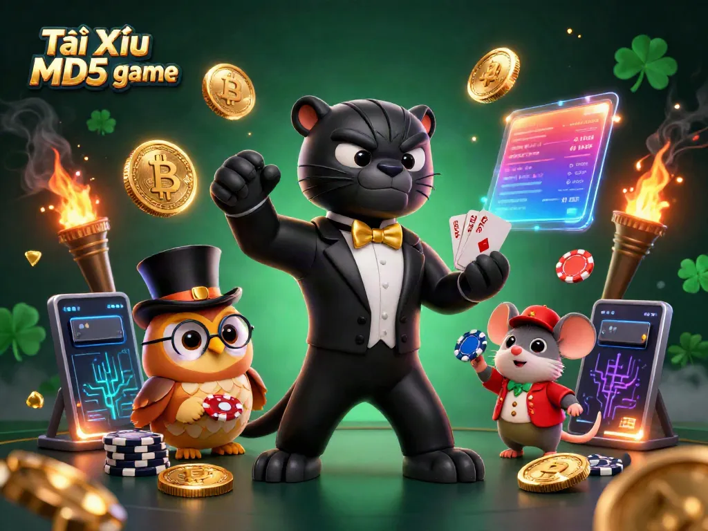Tài Xỉu MD5 game illustration featuring a black panther dealer, owl with poker chips, and lucky mouse amidst vibrant casino elements.