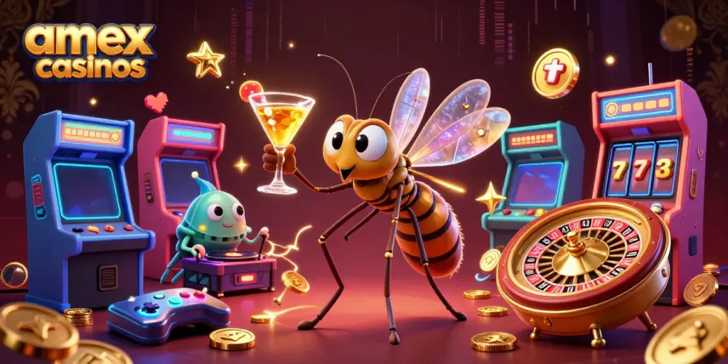 Explore vibrant amex casinos scene with a whimsical mosquito mascot and a trilobite DJ.