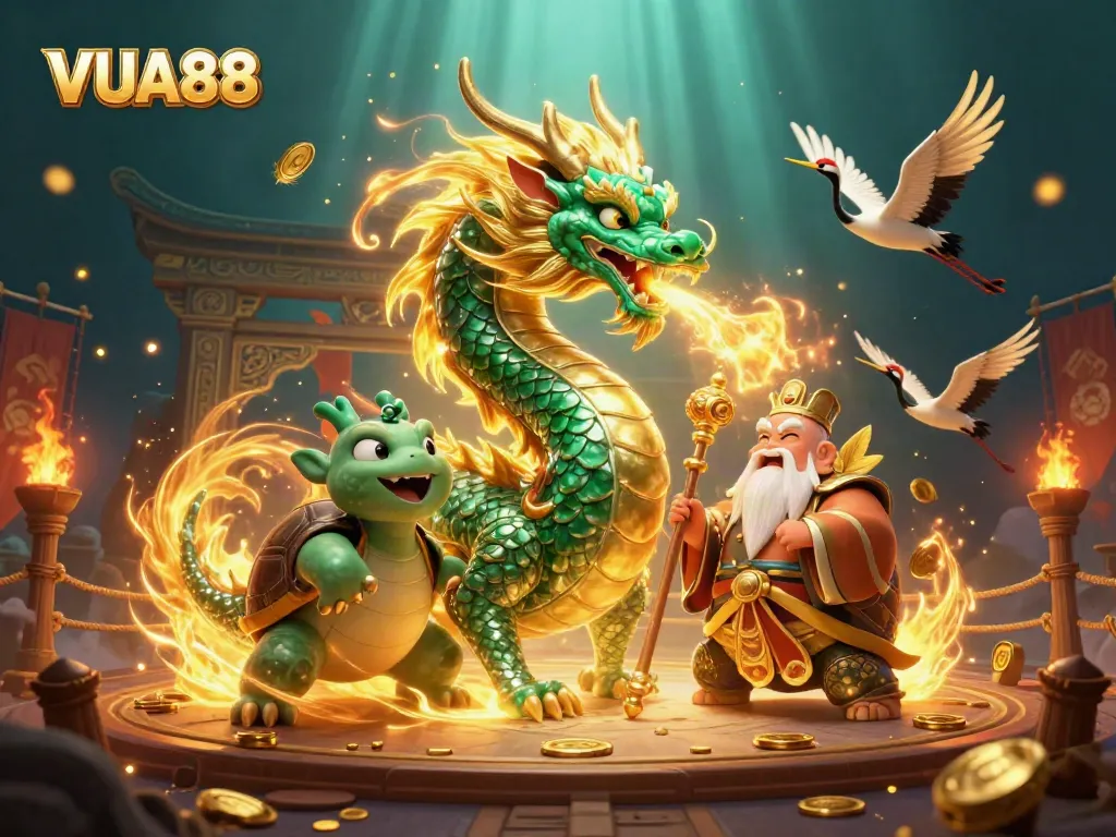 Engage with the exciting VUA88 gaming universe featuring a jade dragon, turtle sage, and lucky cranes.