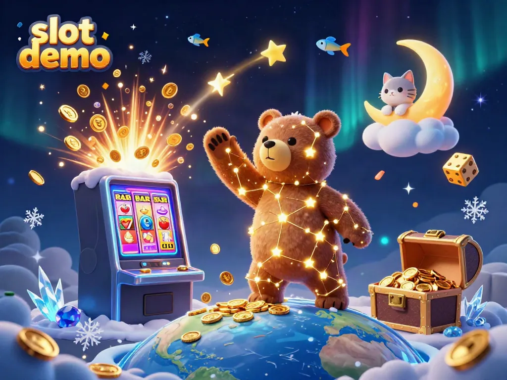 Play slot demo with our captivating 3D space scene featuring a golden bear and vibrant casino elements.
