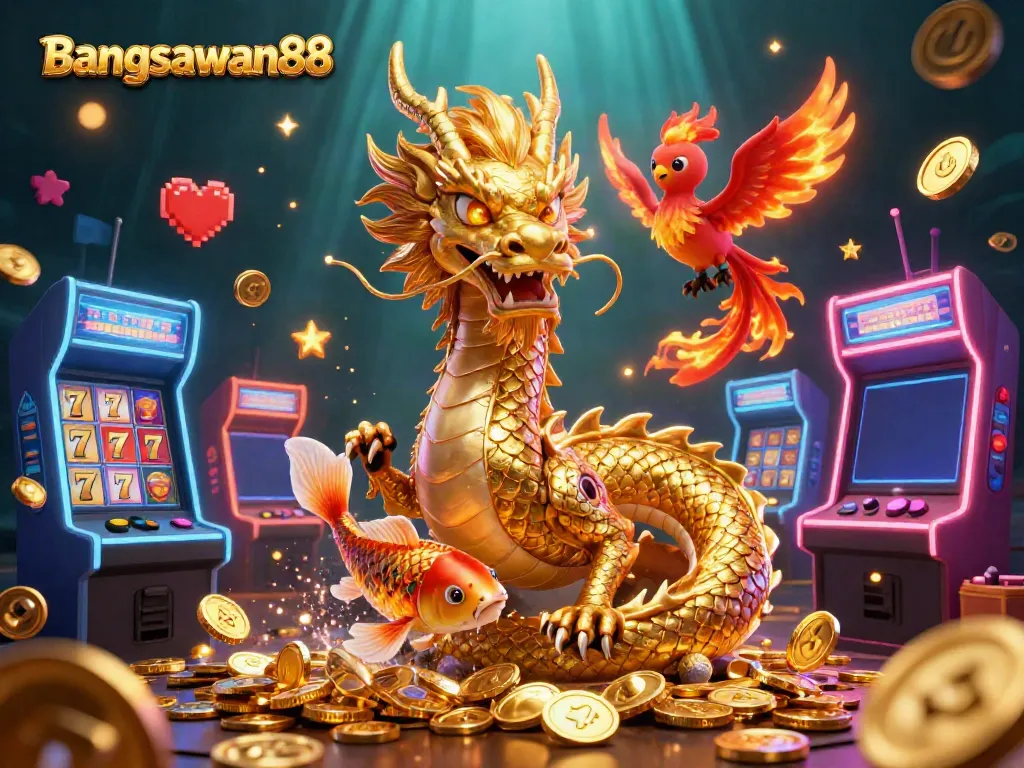 Bangsawan88 showcases a golden dragon with a phoenix and koi fish amidst vibrant slot reels and arcade machines.