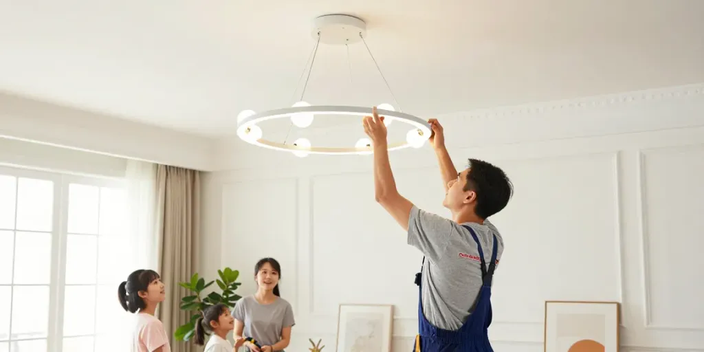 Instalator de lustre LED, profesionist local, montare lustă modernă.