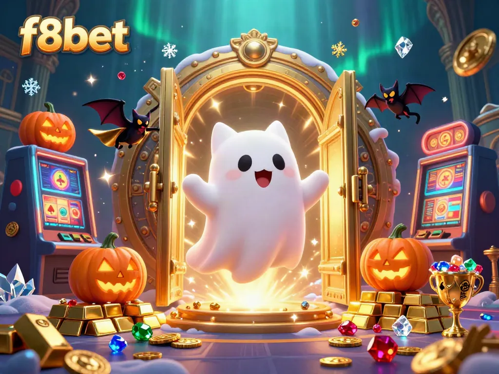 Experience exciting games at f8bet with a vibrant ghost cat and treasures in a dynamic casino scene.