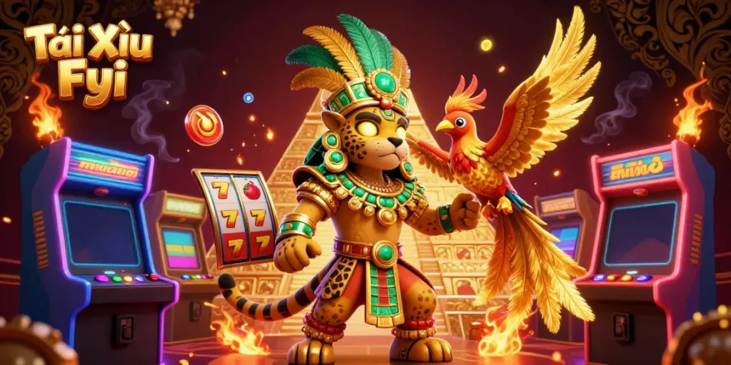 Tài Xỉu Fyi vibrant illustration showcasing a Mayan priest and quetzal bird amidst dynamic slot gaming elements.