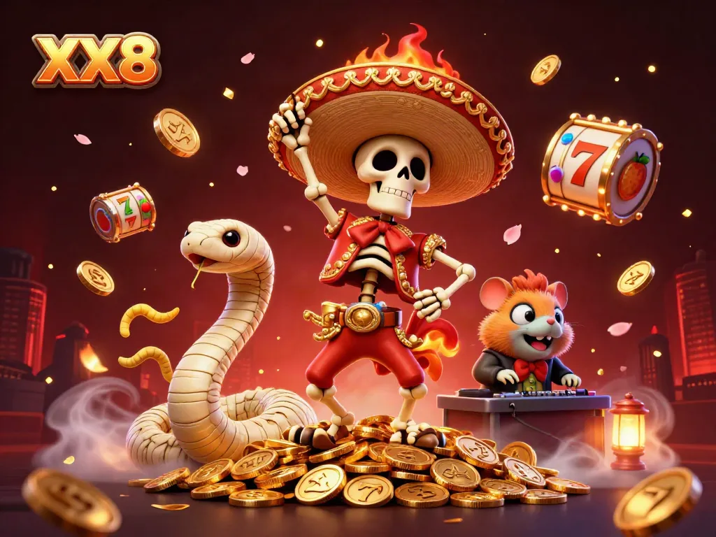 Experience the exciting XX8 victory dance with vibrant casino elements and characters capturing the spirit of gambling.