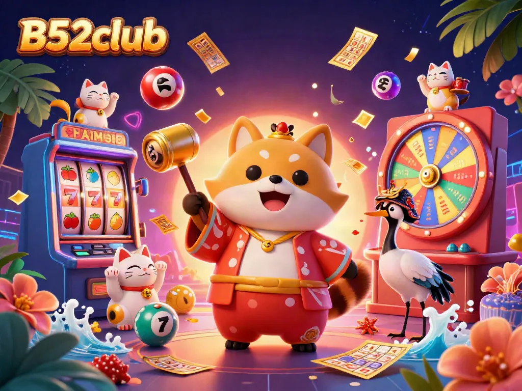 B52club showcases an engaging casino scene with a cheerful tanuki and colorful lottery elements, inviting players to join.