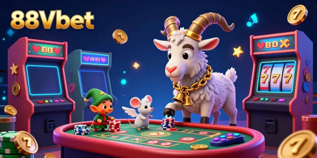 Experience the thrill of 88Vbet in this colorful 3D casino scene featuring Krampus and playful characters.