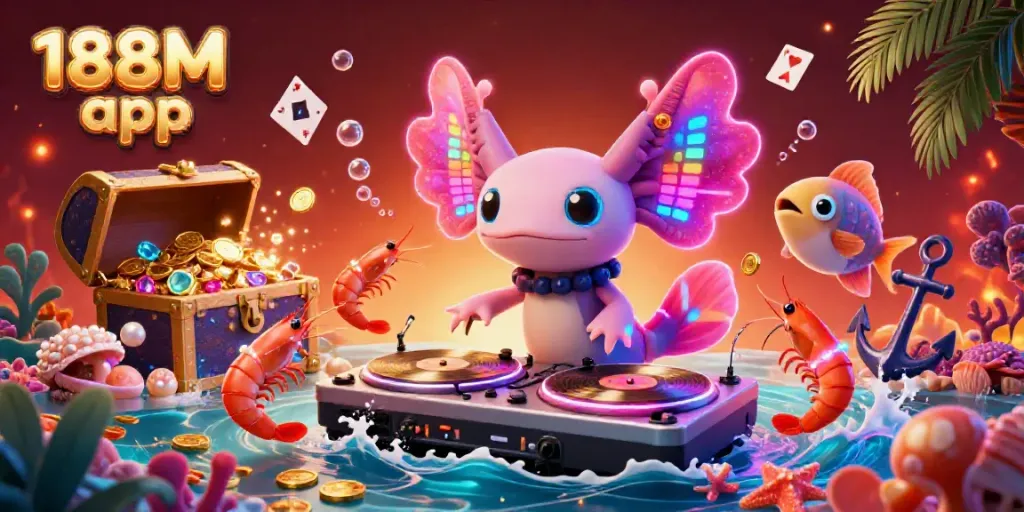 Engage in thrilling gameplay with the vibrant 188M app, showcasing an animated underwater casino scene full of excitement.