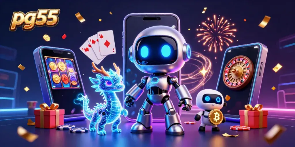 Engage in exciting gameplay with pg55 featuring a vibrant 3D cyberpunk scene of a robot, AI dragon, and bitcoin drone.
