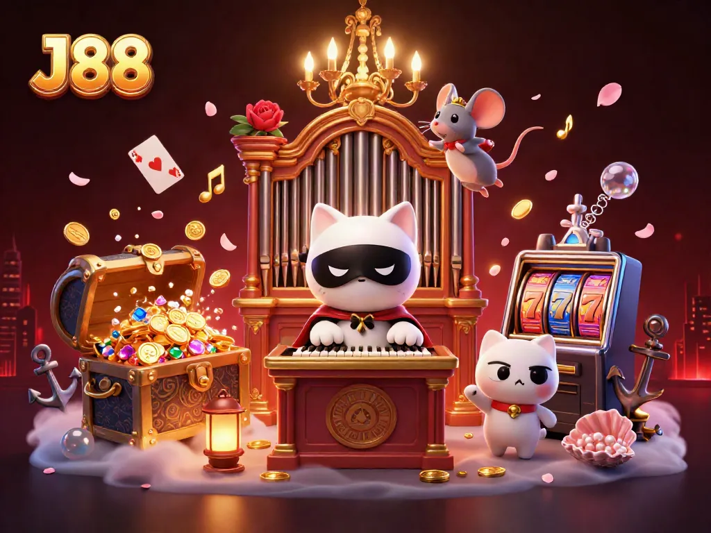 Experience the excitement of J88 with a charming casino scene featuring whimsical characters and dynamic game elements.