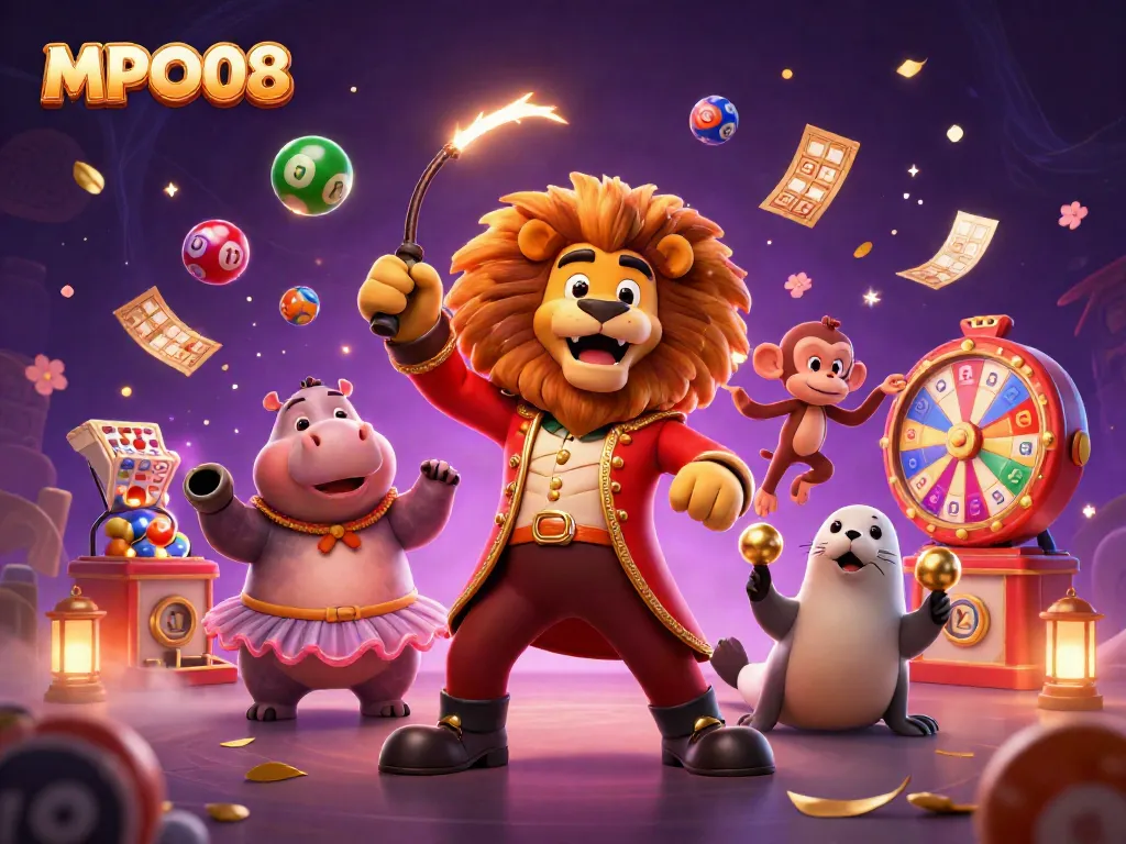 MPO08 brings excitement with a dynamic circus-themed illustration featuring vibrant lottery elements.