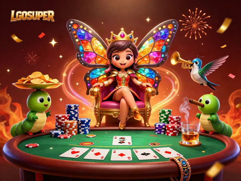 Experience thrilling gameplay with LGOSUPER in this vibrant casino scene featuring a butterfly queen and poker elements.