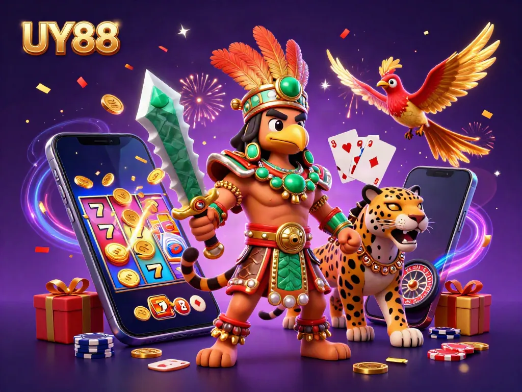 Experience the thrill of UY88 with vibrant 3D Aztec warriors, slot games, and casino imagery.