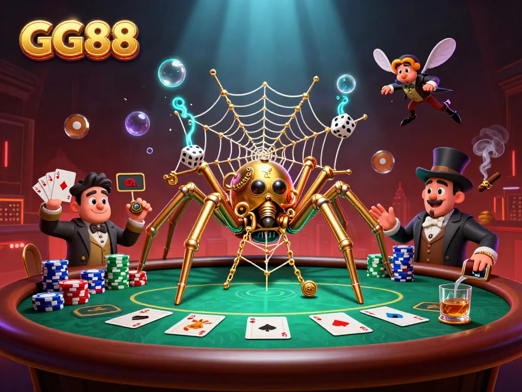 Catch lucky dice with GG88 in a dynamic steampunk casino web of poker chips and gold.