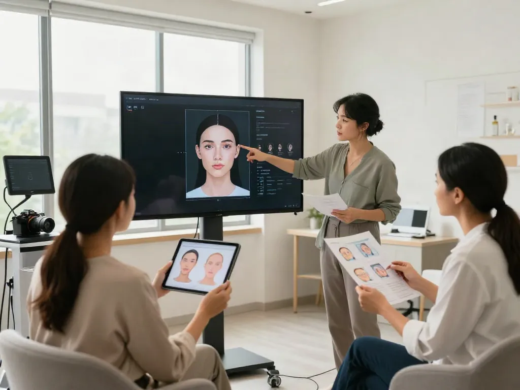 Alternatives to QOVES facial analysis consultation scene with diverse clients discussing their reports.