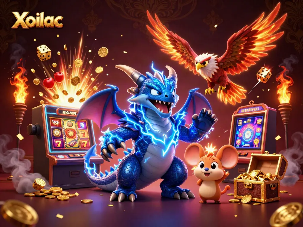Xoilac showcases a vibrant 3D gaming scene with dynamic characters and casino elements, bursting with excitement.