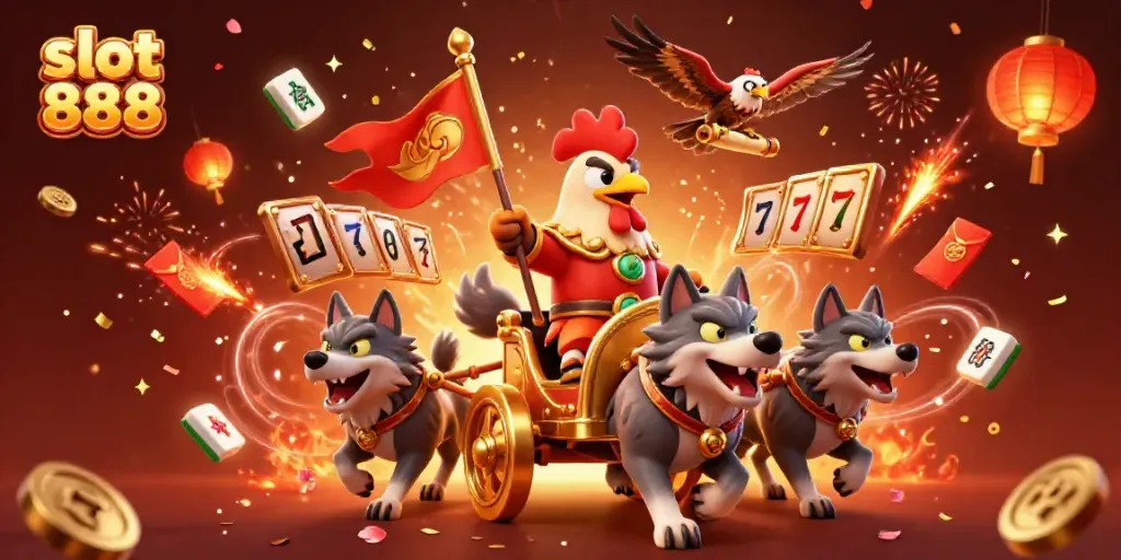 Experience the excitement of slot 888 with vibrant 3D characters and festive elements surrounding a jackpot theme.