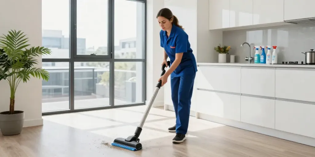 End of lease cleaning Melbourne session with professional cleaner in a bright apartment.