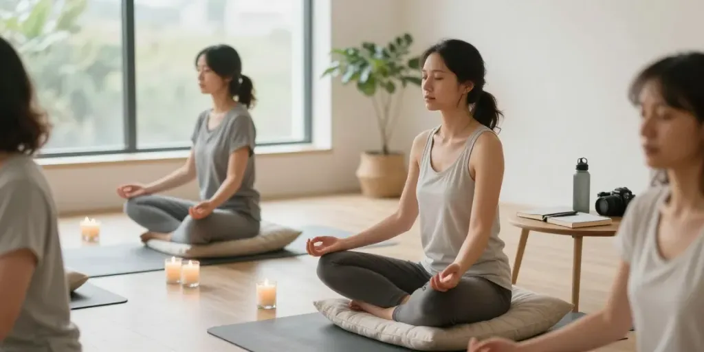 Empowering scene of a woman during a guided session with a sex coach for women in a serene wellness environment.