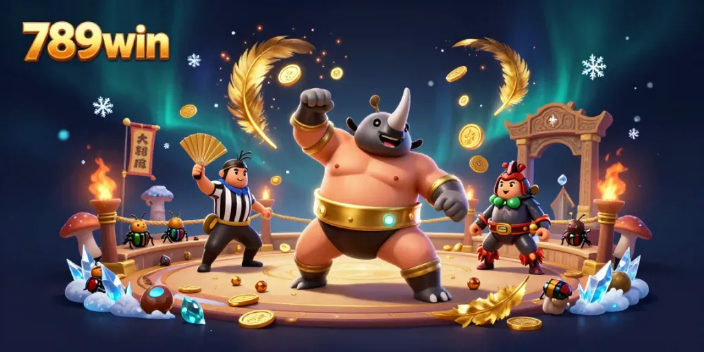 Experience thrilling action at 789win as a rhinoceros beetle sumo champion stomps and sends coins flying.