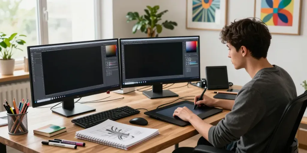 Digital artist designing vibrant graphics for skintoto login in a creative studio.