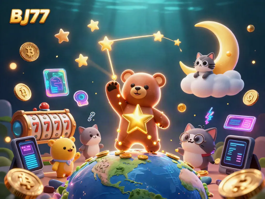 BJ77 brings slot machine excitement with a constellation bear scooping up coins amidst vibrant crypto elements.