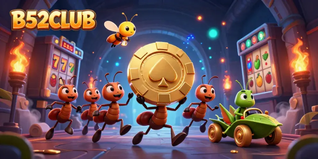 B52CLUB characters running a heist with a golden poker chip in a dynamic casino scene.