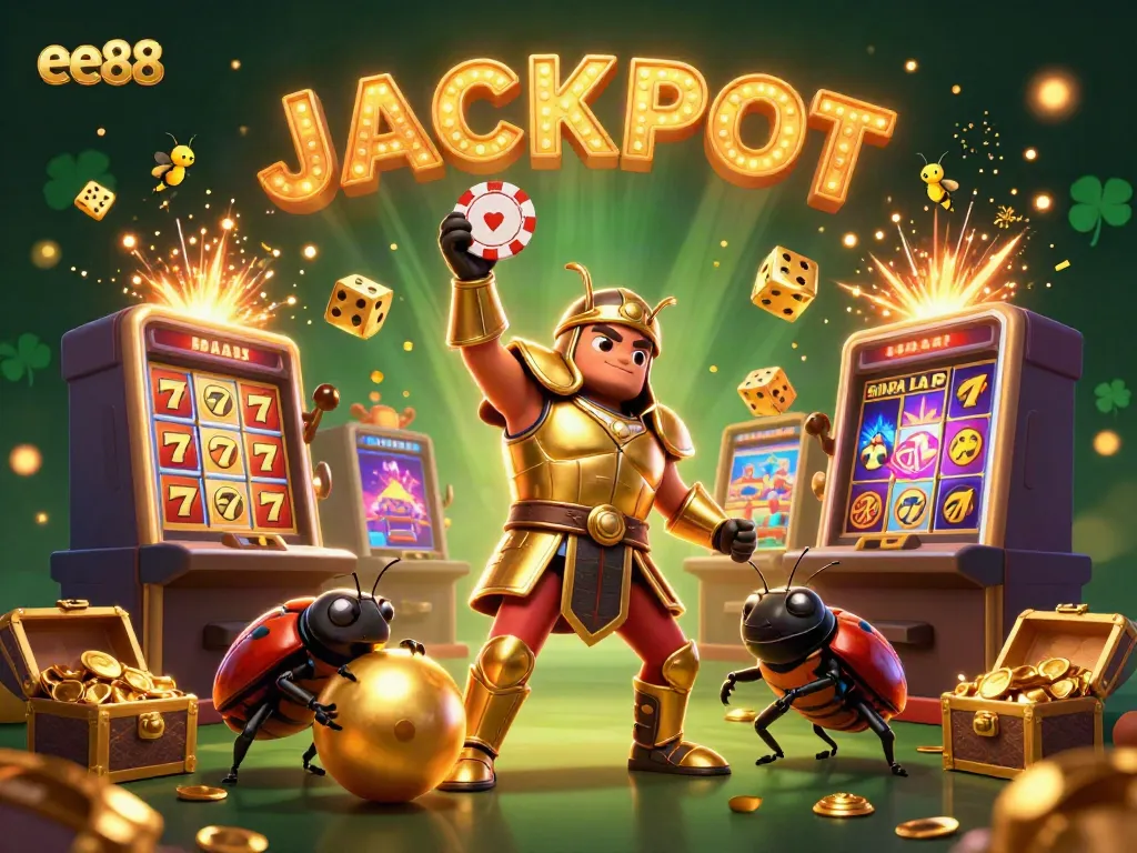 Experience the excitement of ee88 with a victorious beetle and dynamic casino elements in a vibrant scene.
