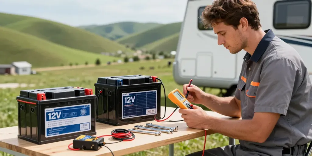 Technician examining a 12V battery in an outdoor RV solar installation setting.
