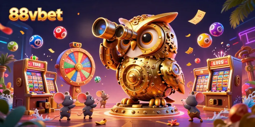 Engage with the thrilling 88vbet experience while a golden owl surveys the casino excitement.