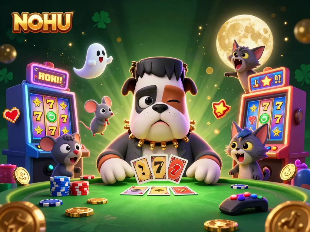 NOHU offers exciting casino features like slots and jackpot tables, featuring whimsical characters in a lively digital scene.