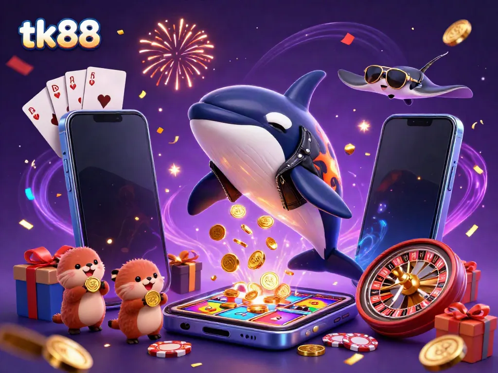 Engage with tk88 while spinning colorful slots and celebrating with fun sea creatures in a vibrant scene.